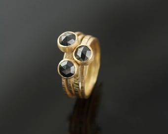 Black Rose Cut Diamond Engagement Ring Stacking set in Recycled 14k Yellow Gold