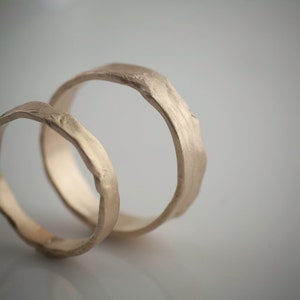 Melted Wedding Set Recycled Hand Forged 14k Yellow Gold Ring Bands Eco Friendly Metal image 1