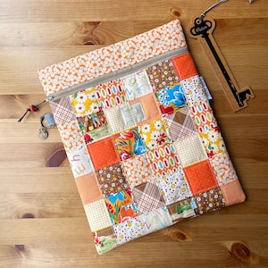 Cross Stitch Project Bag / Quilted Patchwork Embroidery Needlepoint Zipper Pouch / Ipad Sleeve / Gift for Friend / 30s Retro Orange n Yellow