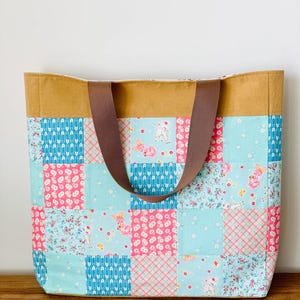 Sac fourre-tout en patchwork / Sac de loisirs créatifs pour tricot au crochet Broderie au point de croix / Sac écologique / Sac à provisions / Rose et bleu clair