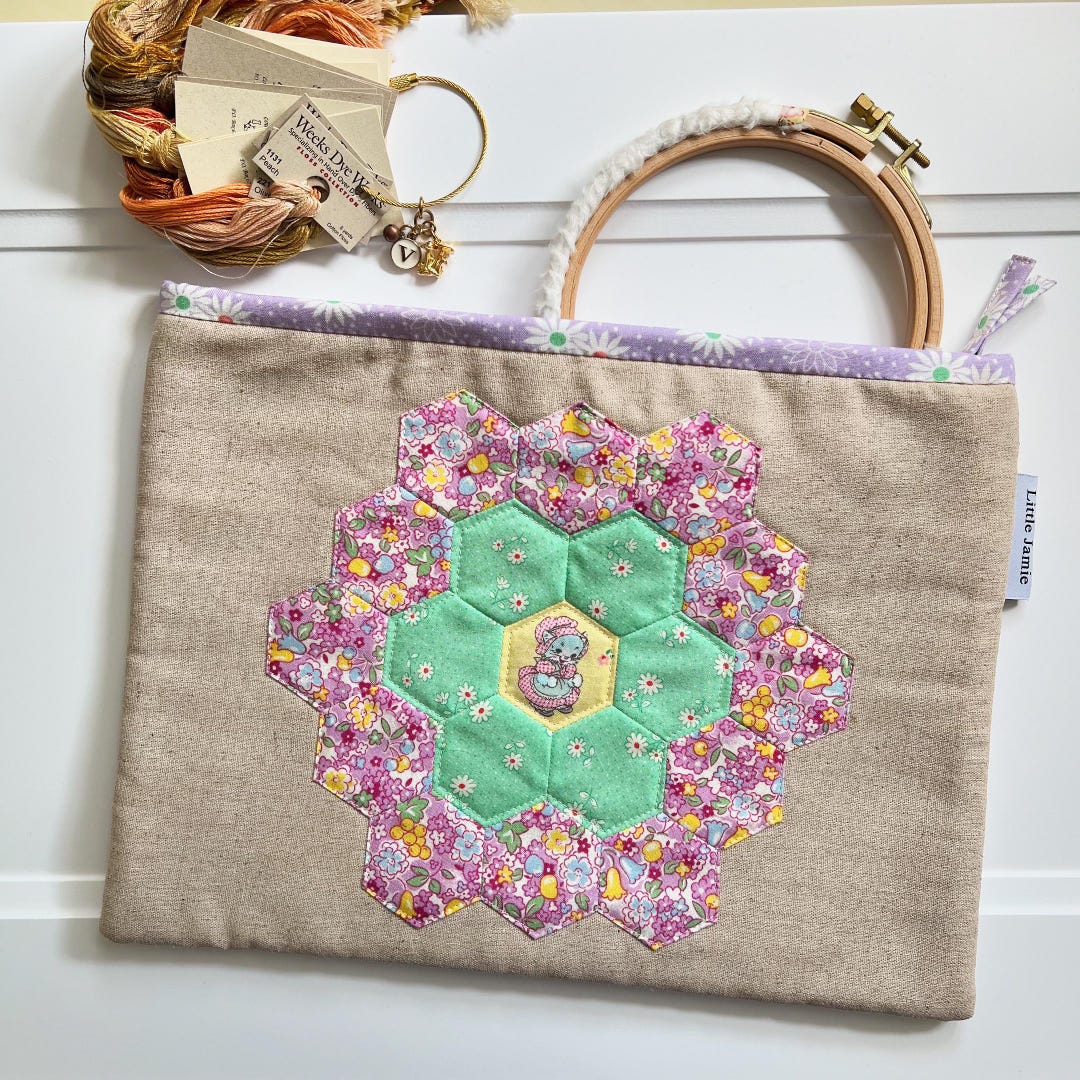 Cross Stitch Project Bag / Hexie Flower Quilted Embroidery Needlepoint ...