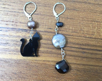 Asymmetrical Earrings / cat earrings, black cat, handmade earrings, pearl and gemstone earrings, wabi sabi