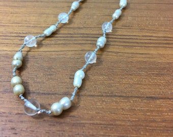 Pearl and Rock Crystal Necklace/ hand knotted necklace, gemstone necklace, freshwater pearls, double pearls, silver pearls, crystal ball