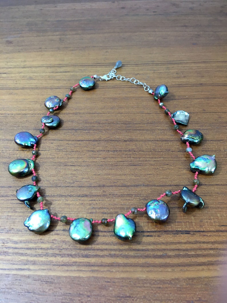 coin pearl Pearl and Labradorite Necklace hand knotted necklace gemstone necklace freshwater pearl