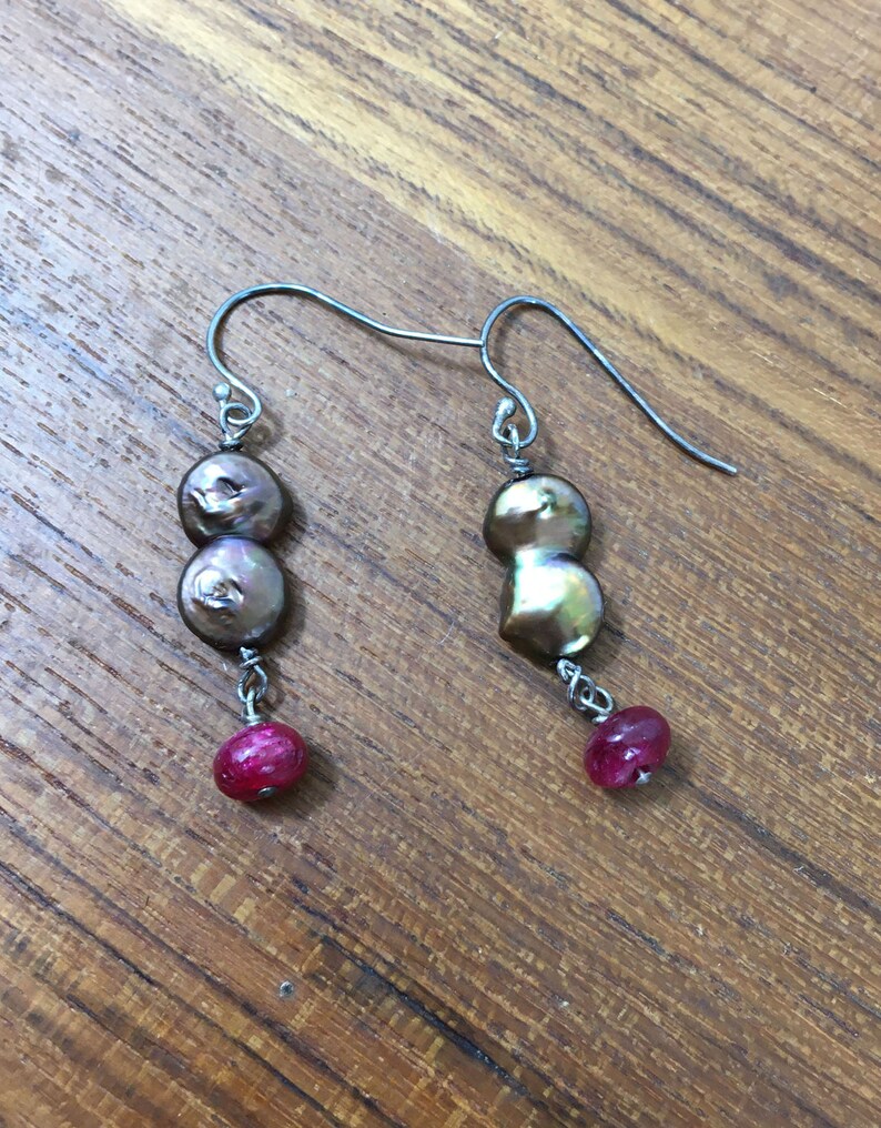 Freshwater Pearl and Ruby Earrings/ Coin Pearls Bronze Etsy