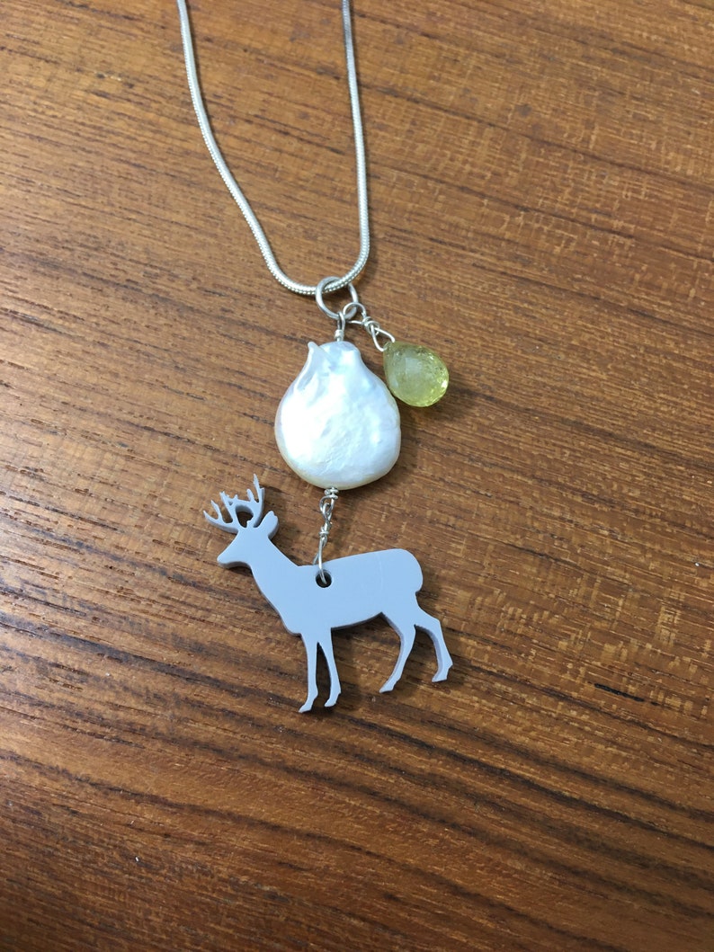 Deer Necklace / reindeer, handmade necklace, pearl and gemstone necklace, wabi sabi, amethyst earrings image 1