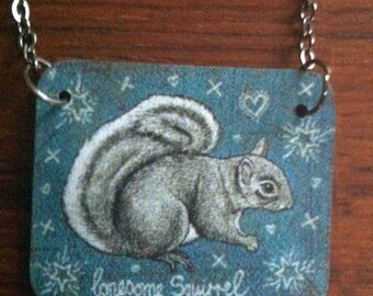 Squirrel necklace /  Squirrel Pendant, Jon Langford art, Animal jewelry, Squirrel Jewelry,  handmade necklace, artisan necklace