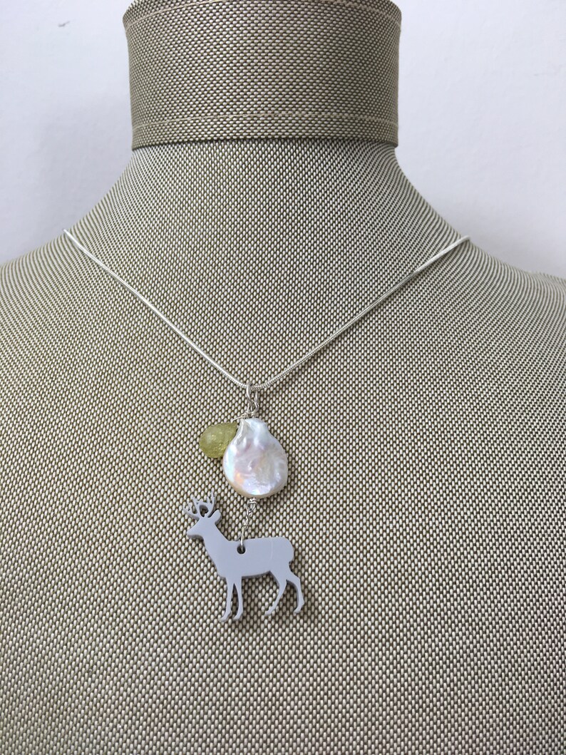 Deer Necklace / reindeer, handmade necklace, pearl and gemstone necklace, wabi sabi, amethyst earrings image 2