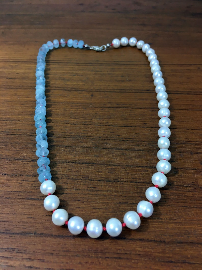 boho necklace Pearl and Aquamarine Necklace throat chakra purity March birthstone wisdom freshwater pearl necklace citrine necklace