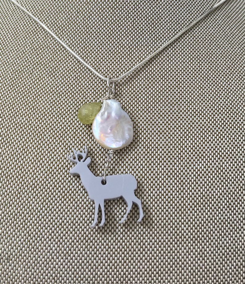 Deer Necklace / reindeer, handmade necklace, pearl and gemstone necklace, wabi sabi, amethyst earrings image 3