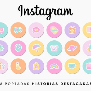 May include: A set of 18 colorful Instagram story highlight covers with various icons, including a shopping cart, a delivery truck, a heart, an umbrella, a phone, a planet, a megaphone, a DIY project, a hand gesture, a shopping bag, a rainbow, a coffee cup, and a briefcase. The text "48 PORTADAS HISTORIAS DESTACADAS" is at the bottom of the image.