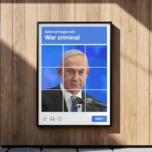 May include: A framed image on a wooden wall. The image within the frame shows a man's portrait, overlaid with a grid and text that reads "Select all images with War criminal." A "Verify" button is visible.
