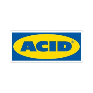 Könnte beinhalten: Ein blauer und gelber rechteckiger Aufkleber mit dem Wort "ACID" in fetten blauen Buchstaben innerhalb eines gelben Ovals.