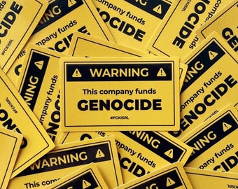 Warning: Complicit Company Funds Genocide - Pro Palestine Vinyl Sticker