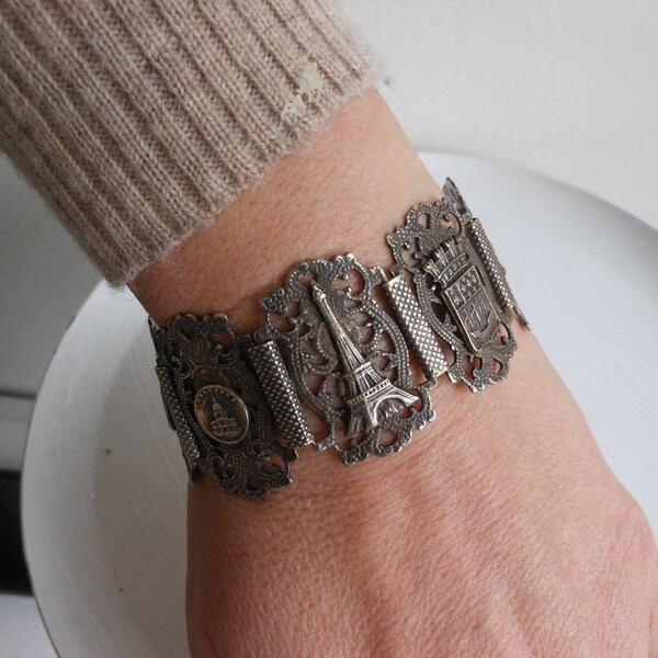 Victorian Vintage paris souvenir bracelet, silver filigree, 1920 french bracelet, depose filigrane