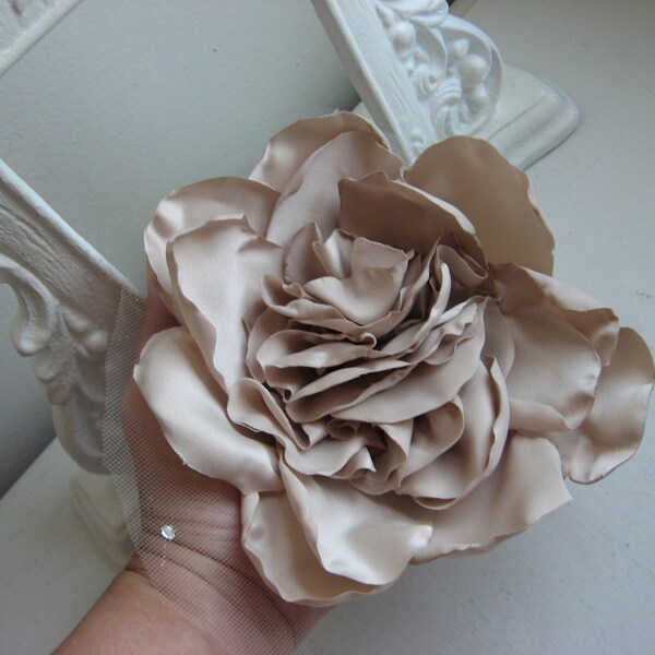 Champagne fabric flower altered couture pin for sash blazer