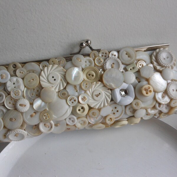 Cream and white vintage button evening bag, bridal clutch, ooak upcycled vintage purse, Buttons of fun