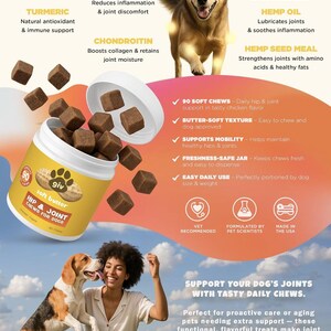May include: A product image shows a container of dog chews with the text "Hip & Joint Chews for Dogs." The image also features a happy dog and a woman with a dog. The product is formulated for joint comfort and mobility.