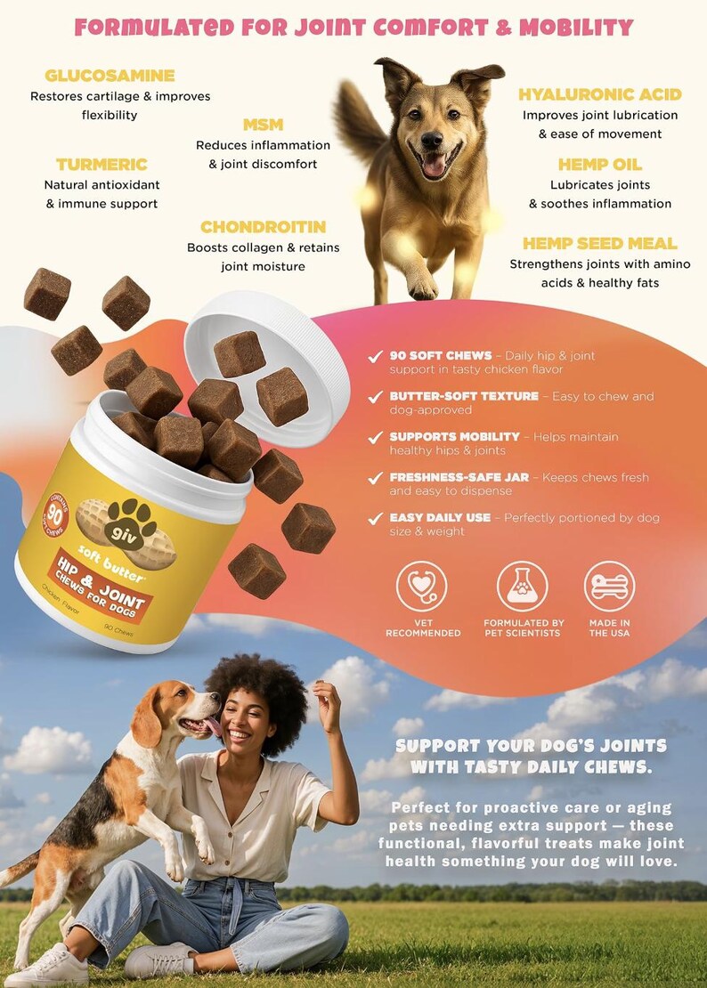 May include: A product image shows a container of dog chews with the text "Hip & Joint Chews for Dogs." The image also features a happy dog and a woman with a dog. The product is formulated for joint comfort and mobility.