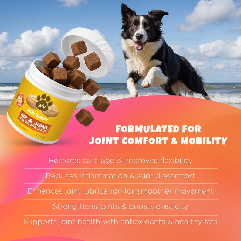May include: A container of dog chews with the text "HIP & JOINT CHEWS FOR DOGS" and a black and white dog jumping in the background. The chews are brown and the container is yellow and white.