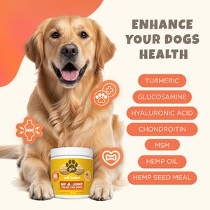May include: A Golden Retriever smiles next to a jar of "giv" soft butter hip & joint chews for dogs. The image includes text that says "Enhance Your Dogs Health" and lists ingredients like Turmeric and Glucosamine.