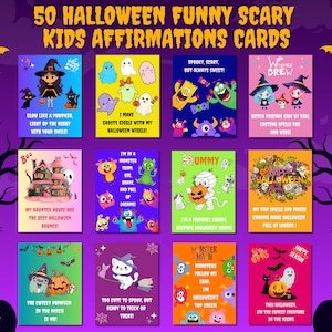 50 afirmaciones divertidas y aterradoras de Halloween para niños / Rellenos imprimibles para bolsas de dulces / Recuerdos para fiestas de Halloween / Tarjetas para aumentar la confianza