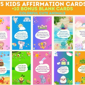 25 Cartões de afirmação e autoestima para crianças com animais fofos e coloridos, 10 cartões em branco, arquivos PDF, PNG, JPEG, formatos para impressão e download digital