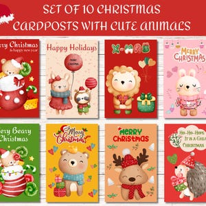 Set von 10 Neujahr und Weihnachten Postkarten für Kinder mit süßen Tieren | Grußkarten | Sofortdownload | Druckbar | Für Kleinkinder