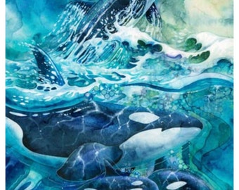 Whale Song Cotton Fabric Panel by Northcott B24980-44