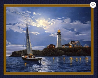 Serenity Lighthouse Fabric Panel Sailboat, Moonlight, Village 36”x44” One Yard Panel