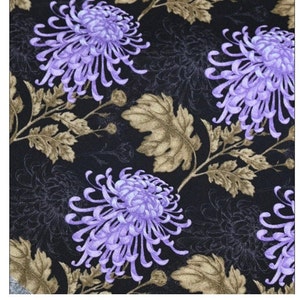 Purple Spider Mums on Black Cotton Fabric 42” wide