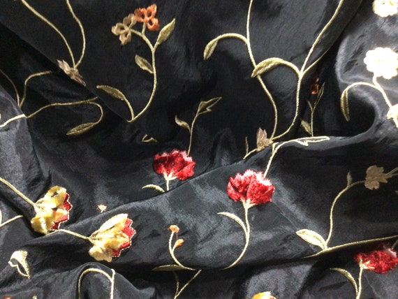 Bright Fuzzy Flowers on Black Taffeta Special Occasion or Home Dec Fabric  Remnant 56”x25”