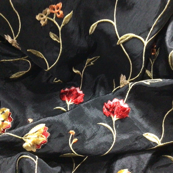 Bright Fuzzy Flowers on Black Taffeta Special Occasion or Home Dec Fabric  Remnant 56”x25”