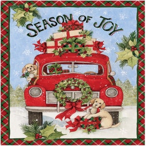 Red Truck Christmas Panel with Puppies CP69113 Designer Susan Winget