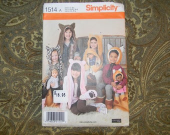 New Simplicity Pattern 1514 Child's Animal Hats & Matching 18" Doll Hats Size S-L