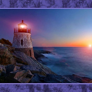May include: A white lighthouse with a red light on top stands on a rocky cliff overlooking a blue ocean at sunset. The sky is a mix of purple, orange, and pink.