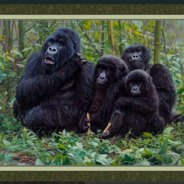 Gorilla Father & Mother with Their Young on a Fabric Panel! — 100% Top Quality Cotton