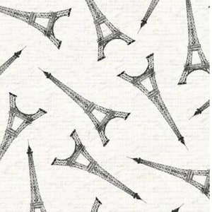 May include: A seamless pattern featuring black and white illustrations of the Eiffel Tower on a white background.