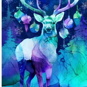 May include: A digitally painted panel featuring a deer with large antlers, adorned with ornaments. The deer is rendered in shades of blue, purple, and teal, set against a snowy, dark blue background. Panel size is 24" x 43".