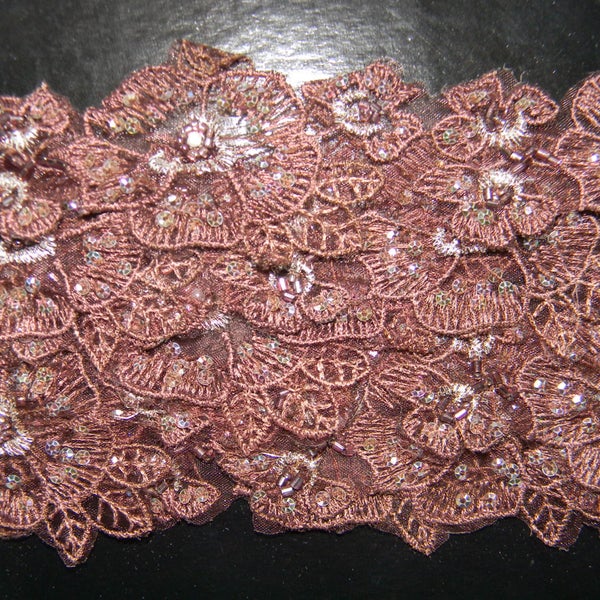 Elegant Beaded Chocolate Lace Trim with Aurora Borealis Beading