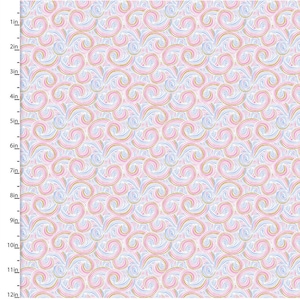 May include: A seamless pattern featuring a repeating design of swirling lines in pink, blue, and gold on a white background. The pattern is reminiscent of a whimsical and playful design.