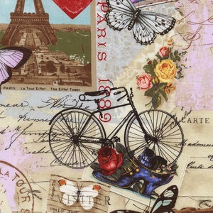Antique Paris Scenes, Bicycle, butterfly, Eiffel Tower, Luggage by Timeless Treasures!