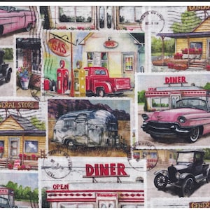 Vintage Cars Trucks and Diners on Fabric- 100% Top Quality Quilt Shop Cotton
