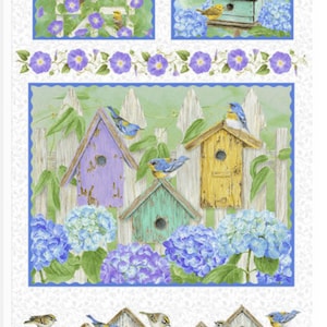 Hydrangea Birdsong Cotton Quilt Panel, Wall Hanging panel