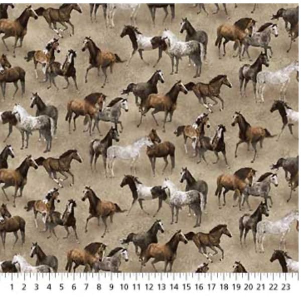 Frontier Horses on Heritage Blue Cotton Fabric by Northcott 25182-14