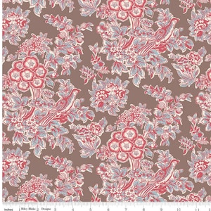 May include: A brown fabric with a repeating pattern of red and blue flowers and birds. The pattern is reminiscent of a vintage floral design.