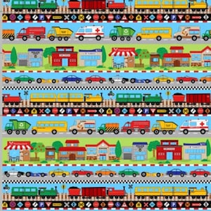 All Around Town Brightly Colored Happy and Fun Cars and Trucks Cotton Fabric by Northcott