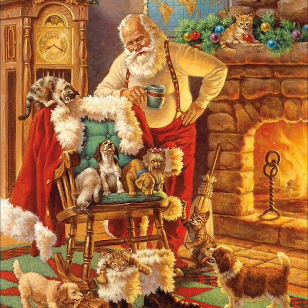 A Classic Christmas by Riley Blake, Santa  with Puppies and Kittens 9541