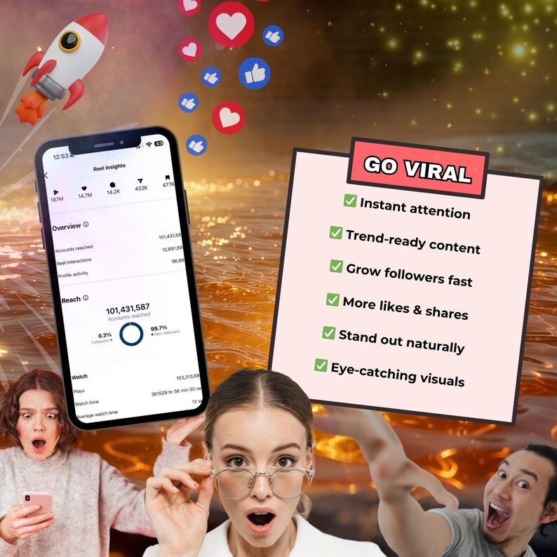 May include: A digital marketing concept image with a smartphone displaying social media insights, a rocket, and floating like and heart icons. The text "GO VIRAL" is displayed with bullet points listing benefits like "Instant attention" and "Grow followers fast."