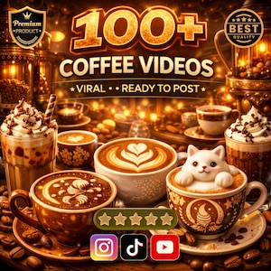 Puede incluir: Una imagen que promociona videos de café, con varias bebidas de café con arte latte y crema batida. El texto dice "100+ Coffee Videos" y "Viral Ready to Post". También son visibles iconos de redes sociales para Instagram, TikTok y YouTube.